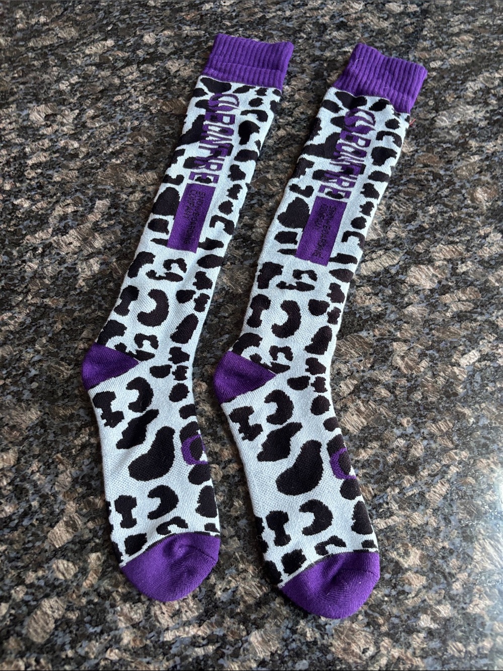 Leopard-Print Knee-High Socks with Purple Accents